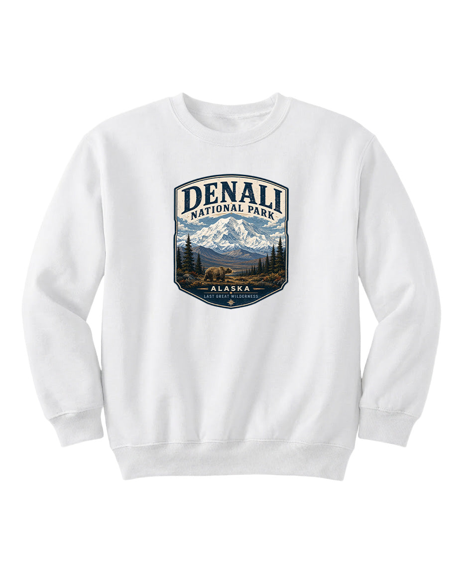 A white sweatshirt with a graphic design depicting Denali National Park and Alaska.