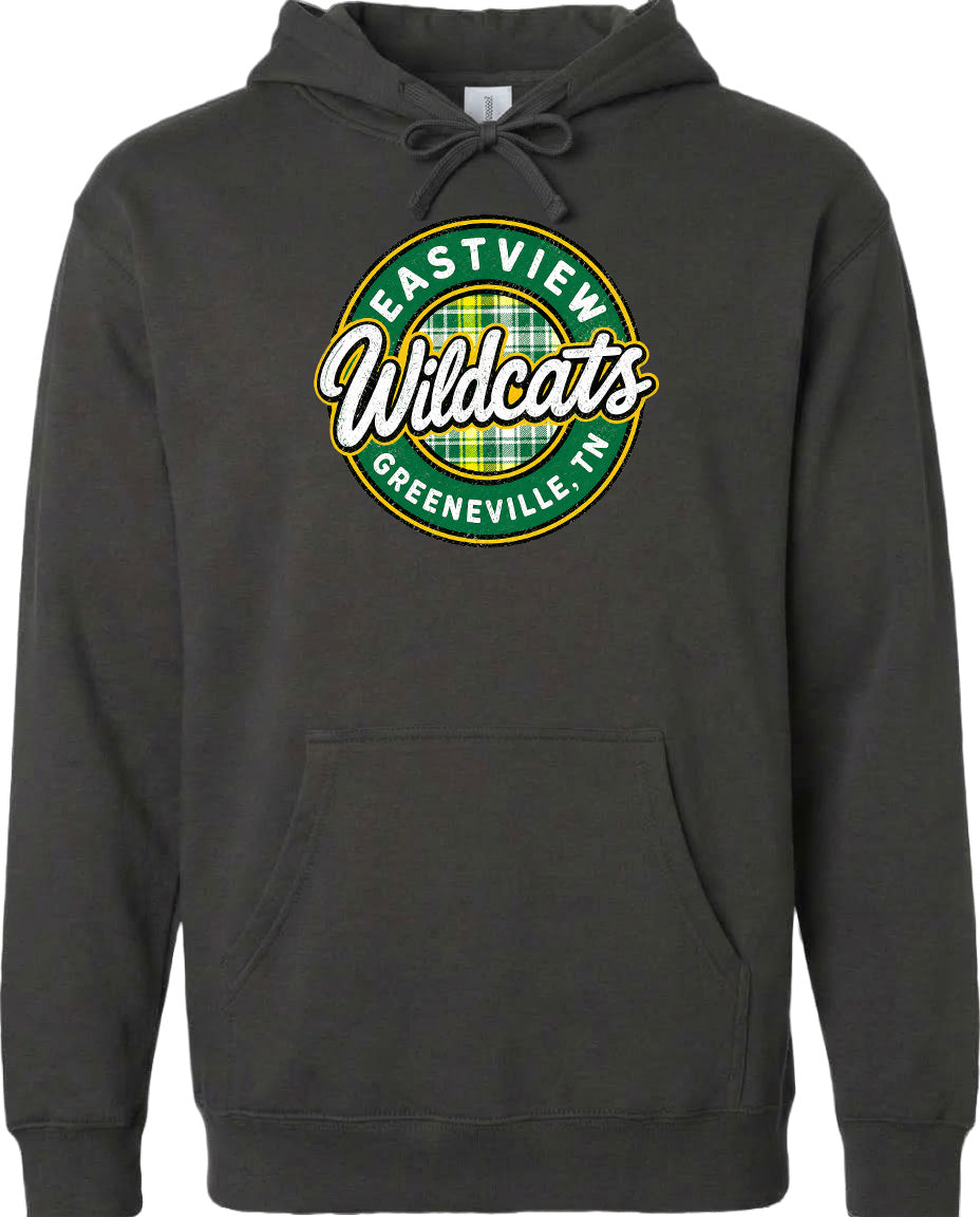 A black hoodie with a circular logo on the front.
