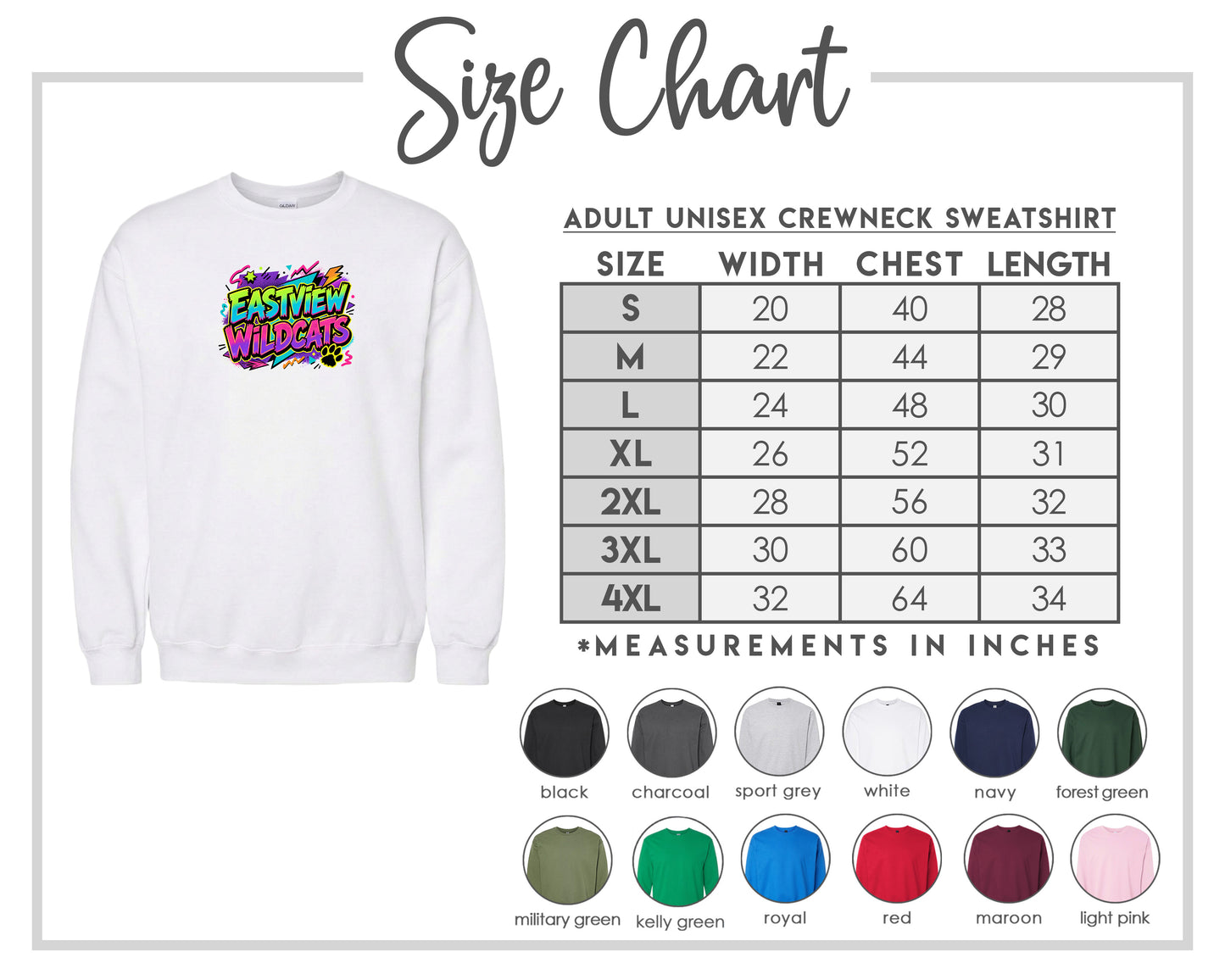 The image is a size chart for an adult unisex crewneck sweatshirt. It includes a white crewneck sweatshirt with a colorful graphic and a table with size and chest length measurements.