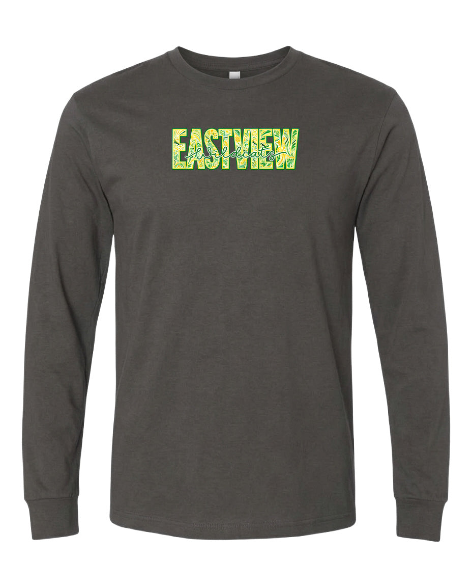 A gray long-sleeved t-shirt with the word "EASTVIEW" printed in green and yellow letters across the front.