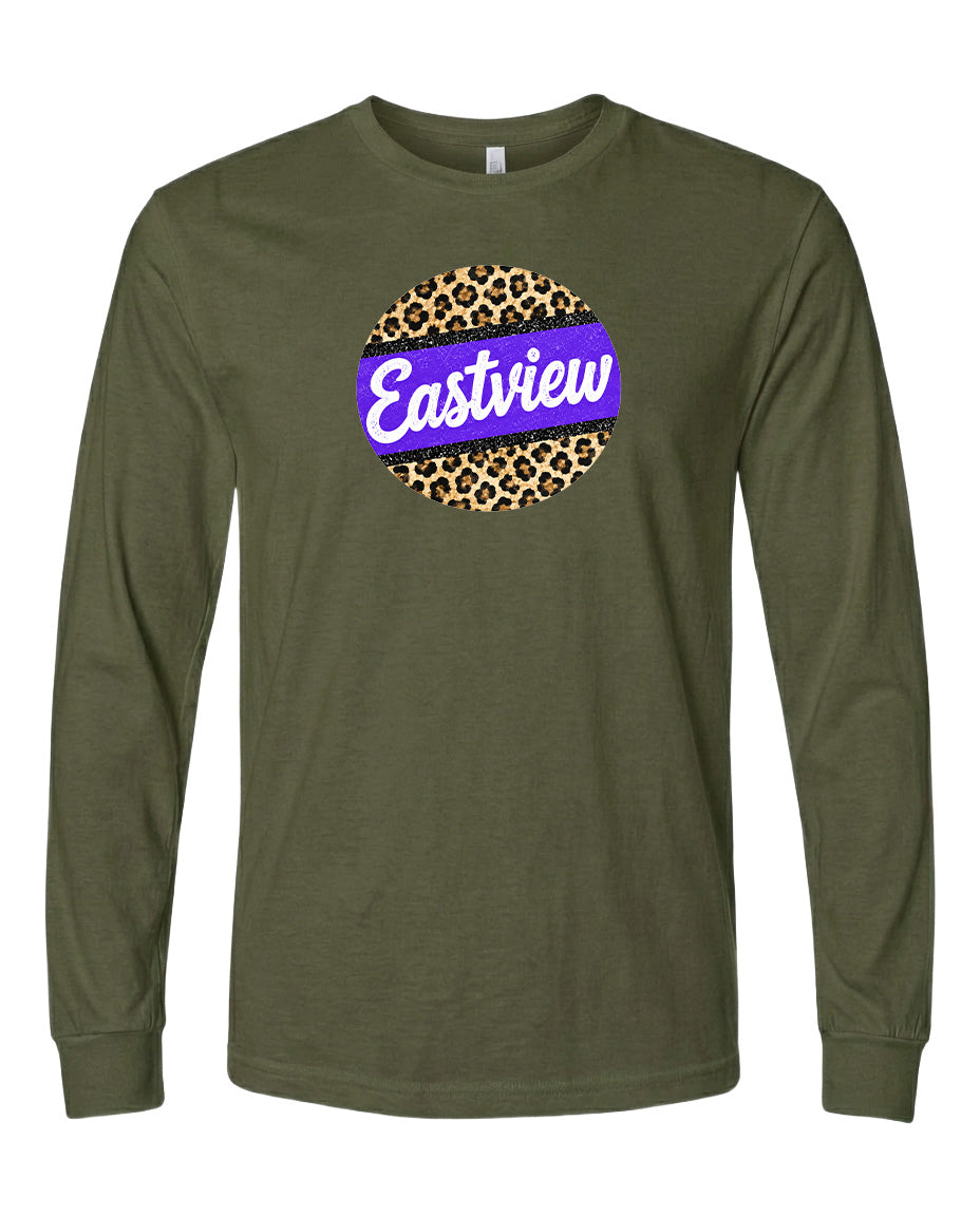 A long-sleeved olive green t-shirt with a purple and leopard print circular logo on the front.