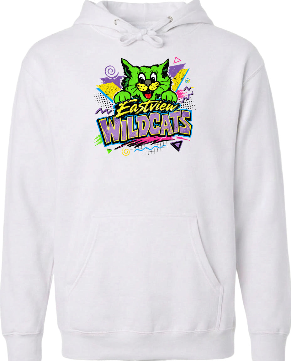 A white hoodie with a colorful graphic design featuring a cartoon cat and the text "Easter Wildcats" printed on it.