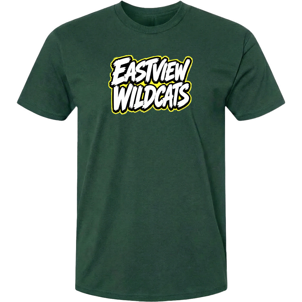 A dark green t-shirt with a bold graphic design featuring the text "EASTVIEW WILDCATS" in white and yellow lettering.