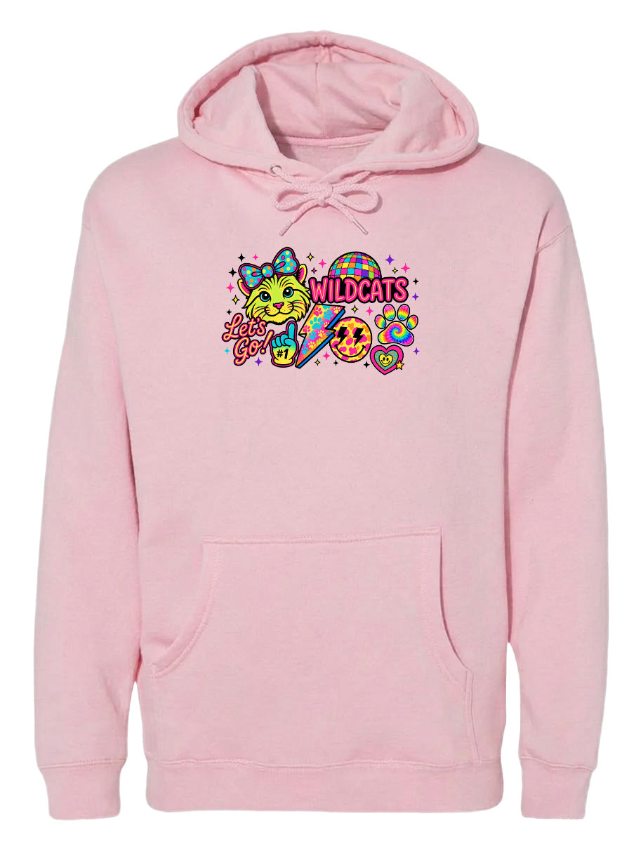A pink hoodie with a colorful graphic design featuring a cartoon character and the text "Wildcats" printed on it.