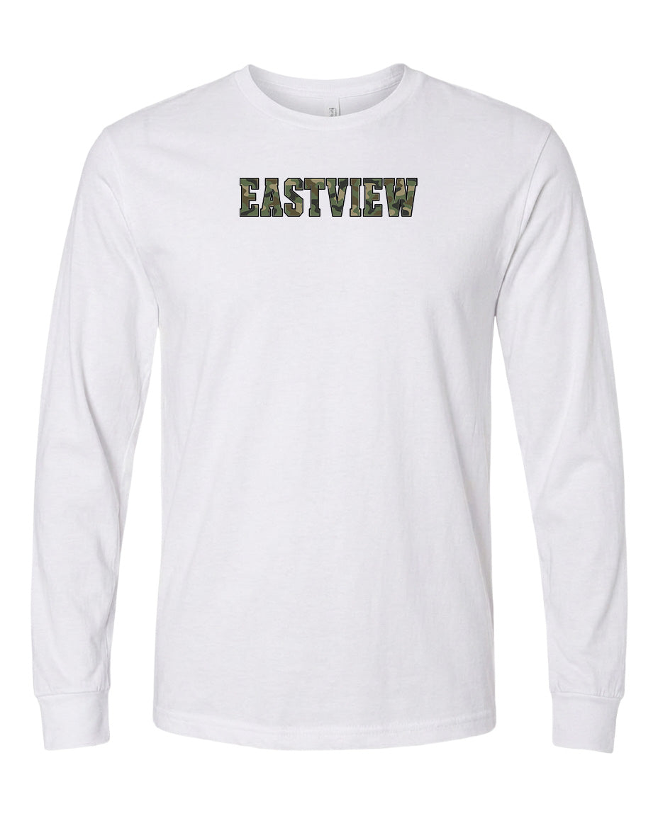 A white long-sleeved t-shirt with the word "EASTVIEW" printed on it in a camouflage pattern.