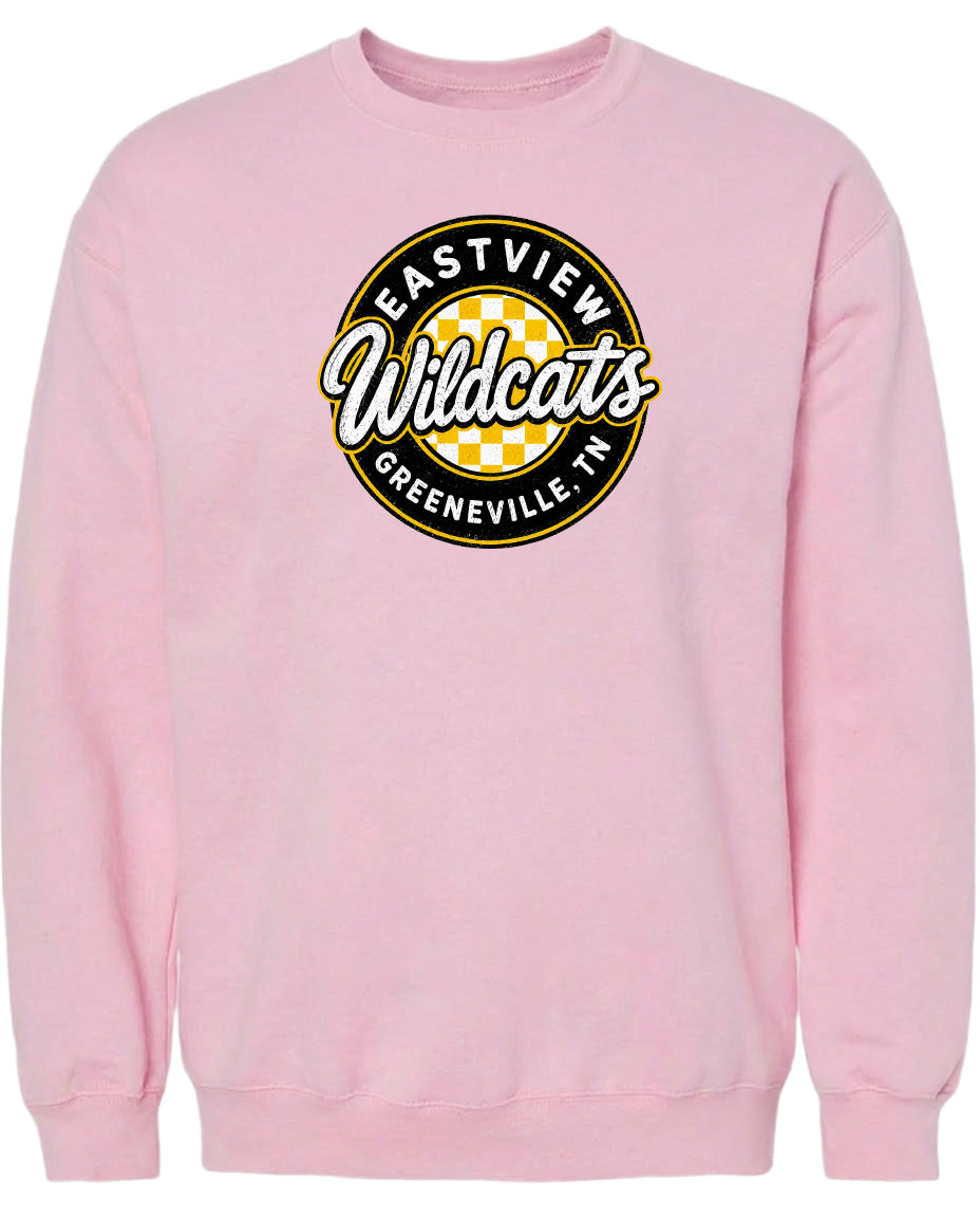 A pink sweatshirt with a logo that says "EASTVIEW WILDCATS GREENEVILLE, TENN."
