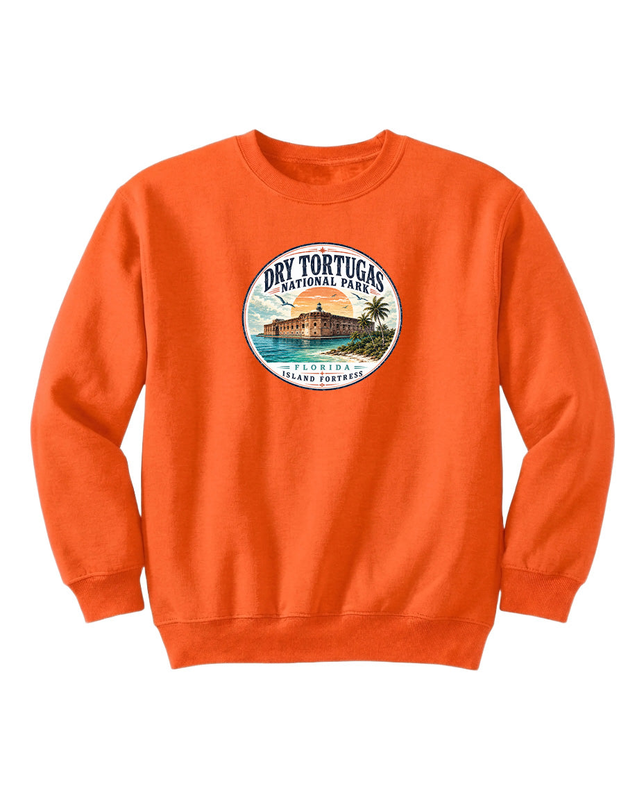 An orange sweatshirt with a circular logo that says "Dry Tortugas National Park, Florida, Island of the Bahamas".