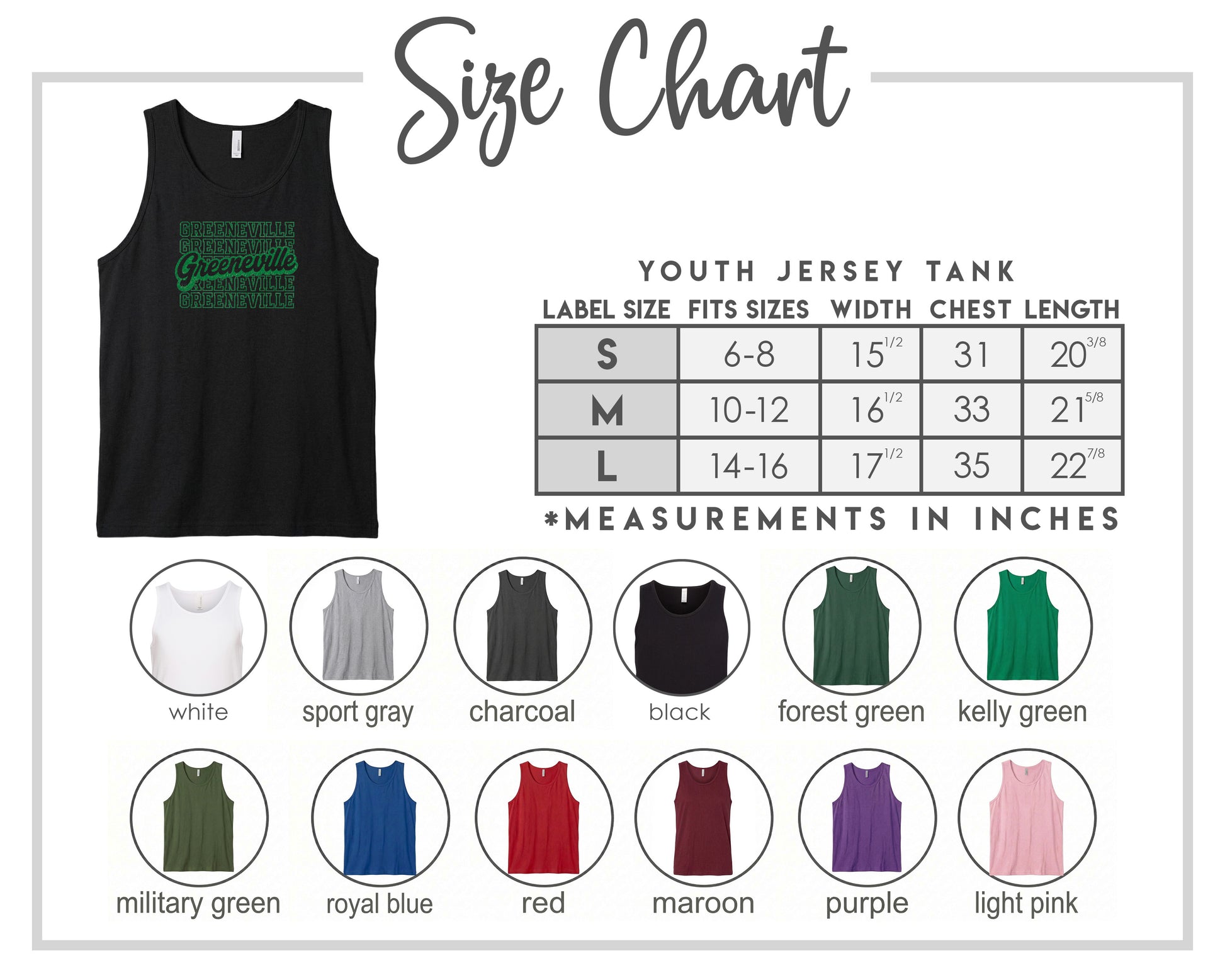The image is a size chart for a youth jersey tank, displaying various color options and corresponding measurements in inches.