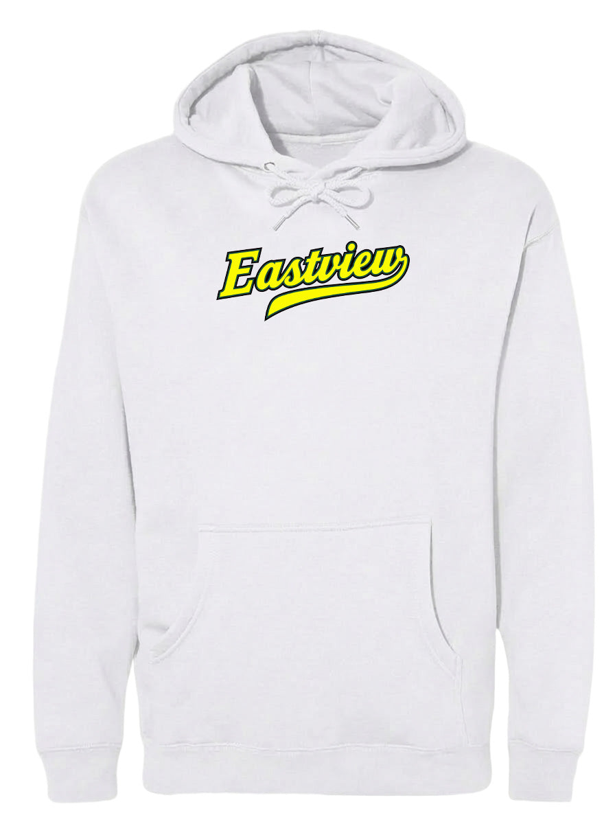 A white hoodie with the word "Eastview" printed in yellow on the front.