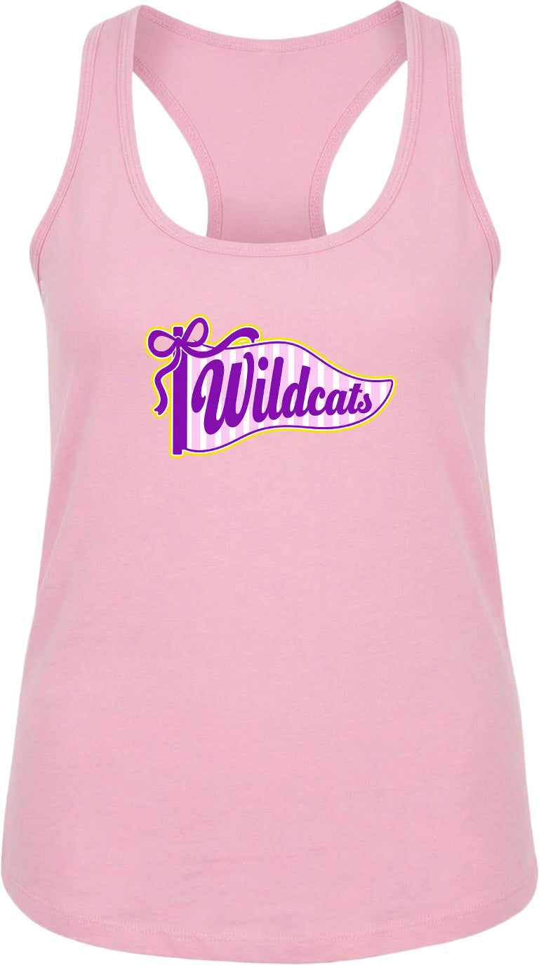 A pink tank top with a purple and yellow graphic design featuring the text "Wildcats" on it.