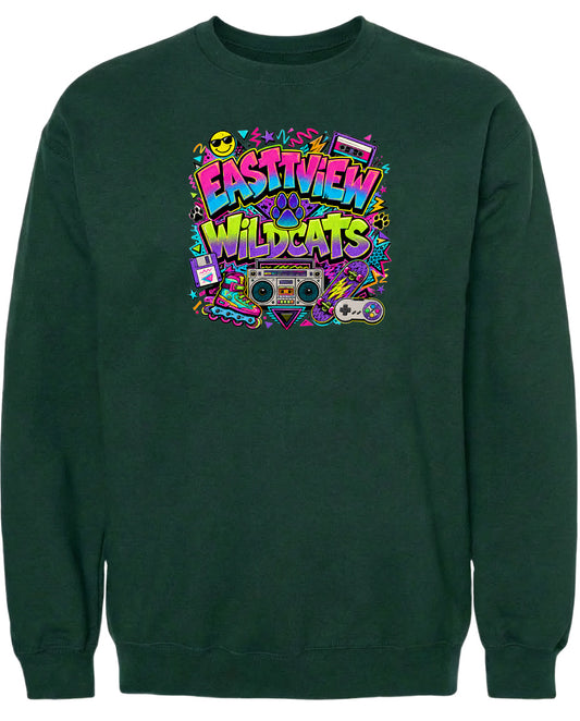 A dark green sweatshirt with a colorful graphic design featuring the text "EASTVIEW WILDCATS" surrounded by various icons and elements, such as a boombox, a skateboard, and a peace sign.