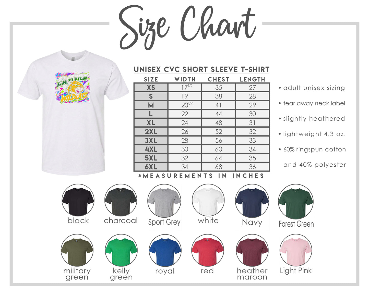 The image is a size chart for a white short sleeve t-shirt, including various color options and corresponding measurements in inches.