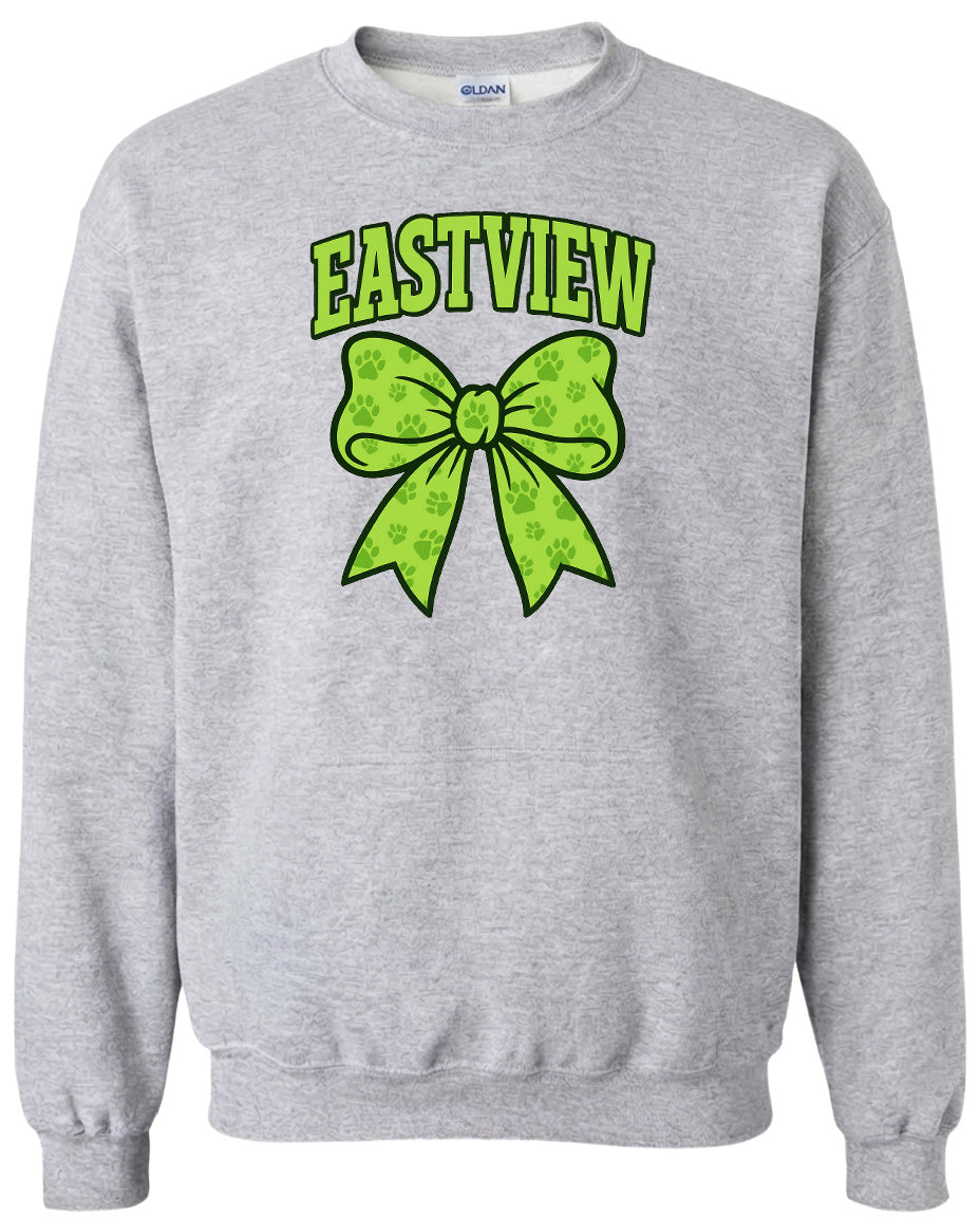A gray sweatshirt with a green bow and the word "EASTVIEW" printed on it.