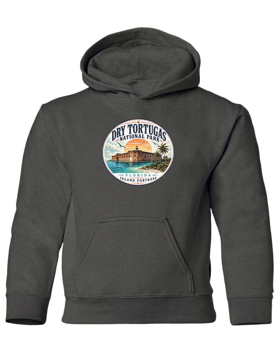 A gray hoodie with a circular logo featuring a tropical island and palm trees, along with the text "Dry Tortugas National Park, Florida Island, Port St. Lucie".