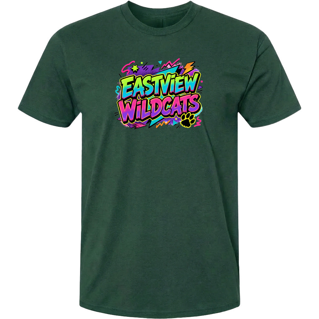 A green t-shirt with a colorful graphic design featuring the text "EASTVIEW WILDCATS" in a vibrant, graffiti-style font.