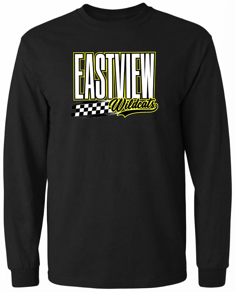 A black long-sleeved shirt with a graphic design featuring the text "EASTVIEW Wildcats" in yellow and white.