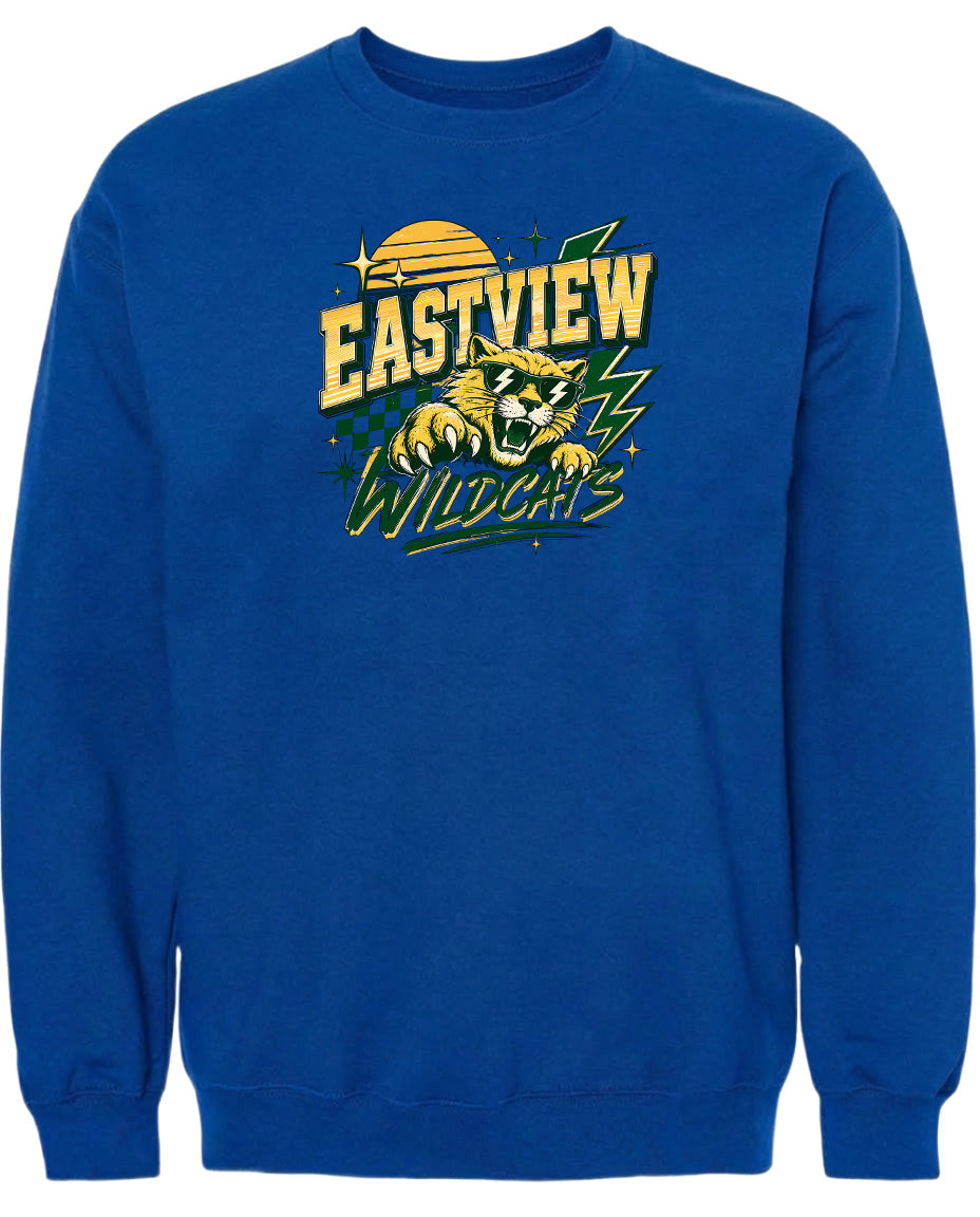 A blue sweatshirt with a graphic design featuring a tiger and the text "EASTVIEW WILDCATS" printed on it.