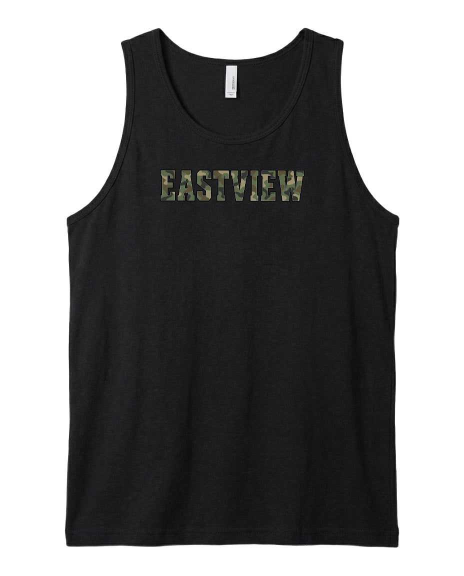 A black tank top with the word "EASTVIEW" printed on it in a camouflage pattern.
