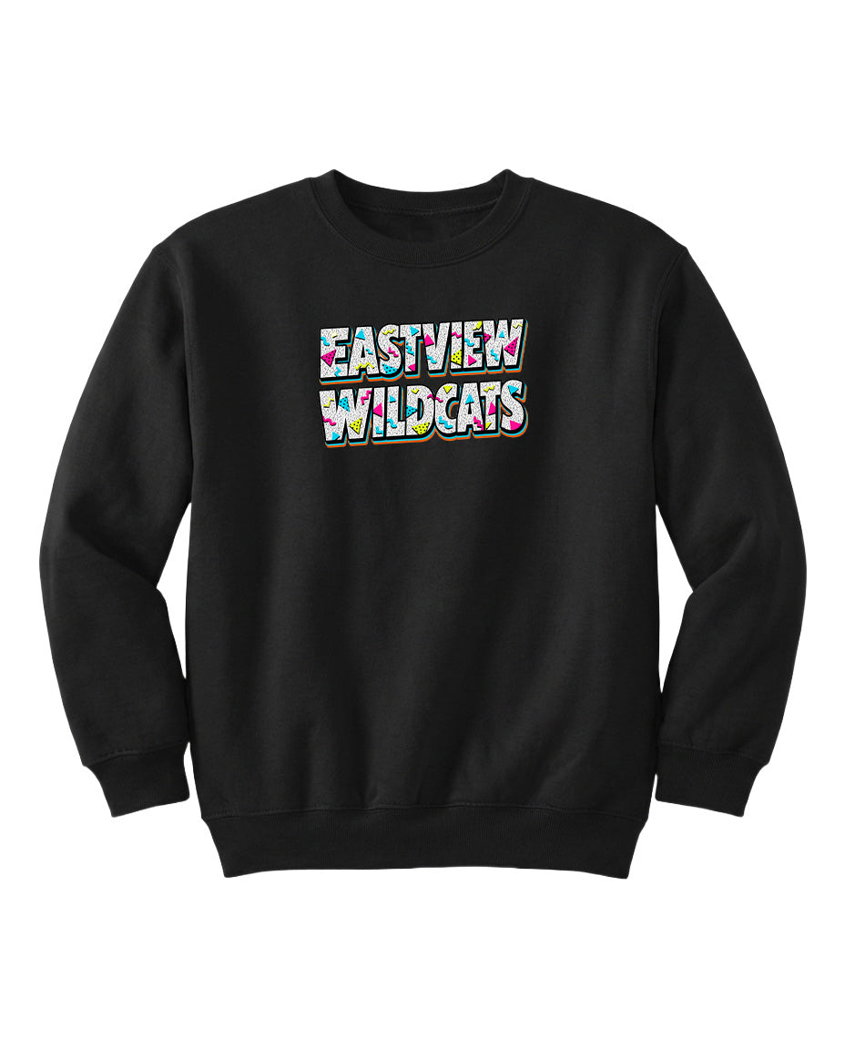 A black sweatshirt with the text "EASTVIEW WILDCATS" printed on it in a colorful, stylized font.