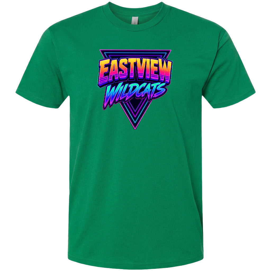A green t-shirt with a graphic design featuring the text "EASTVIEW WILDCATS" in a stylized font.