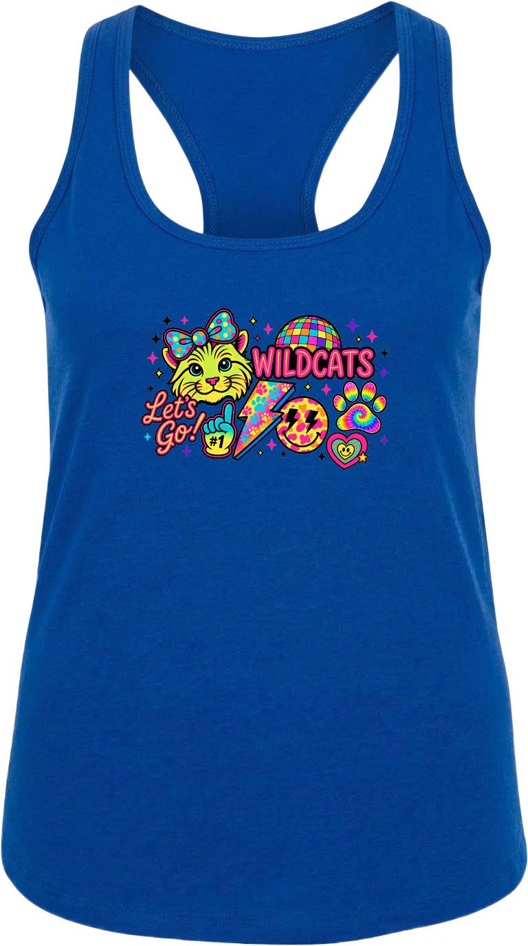 A blue tank top with a colorful graphic design featuring a cat, a lightning bolt, and the text "Wildcats" along with a peace sign.