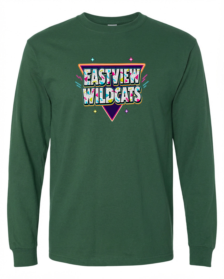 A green long-sleeved shirt with a colorful graphic design featuring the text "EASTVIEW WILDCATS" in a retro style.