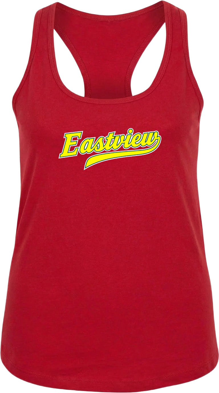A red tank top with the word "Eastview" printed in yellow on the front.