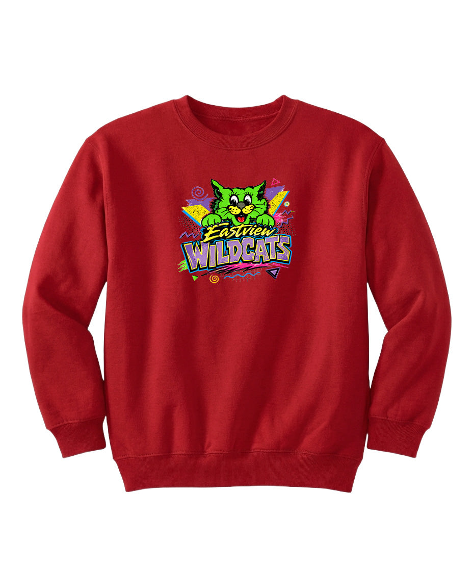 A red sweatshirt with a colorful graphic of a cartoon cat and the text "Easton Wildcats" printed on it.