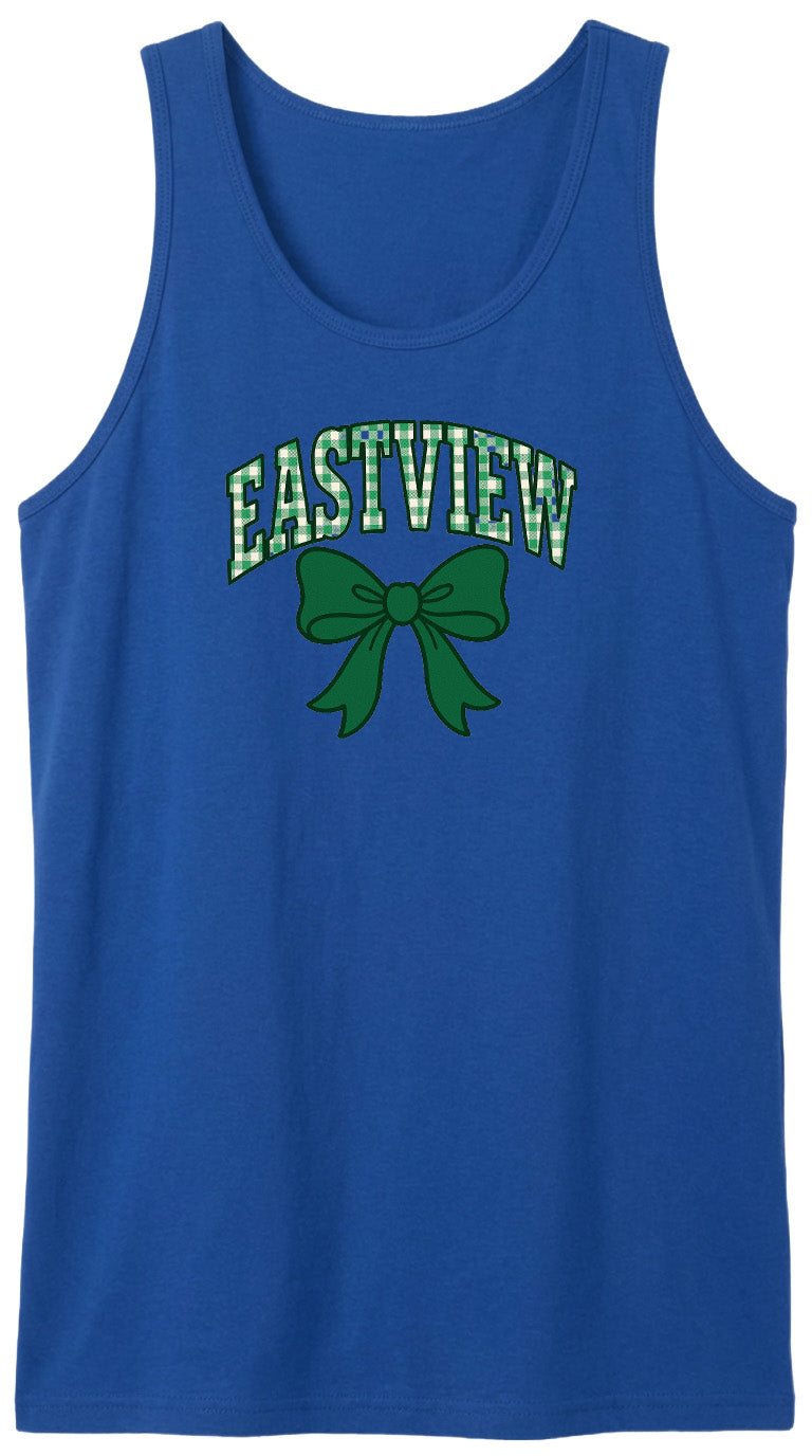 A blue tank top with the text "EASTVIEW" and a green bow graphic printed on it.