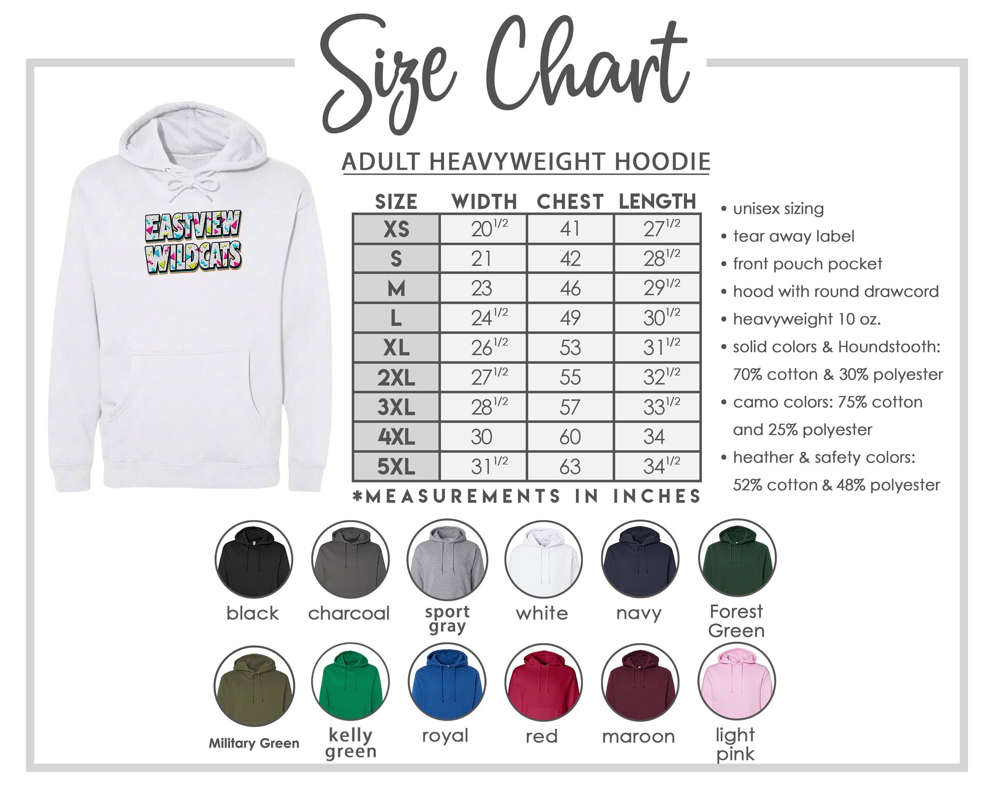 The image is a size chart for an adult heavyweight hoodie, including various color options and measurements in inches.