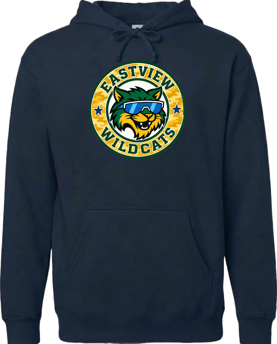A navy blue hoodie with a graphic design featuring a cartoon cat wearing sunglasses and the text "EASTVIEW WILDCATS" around it.