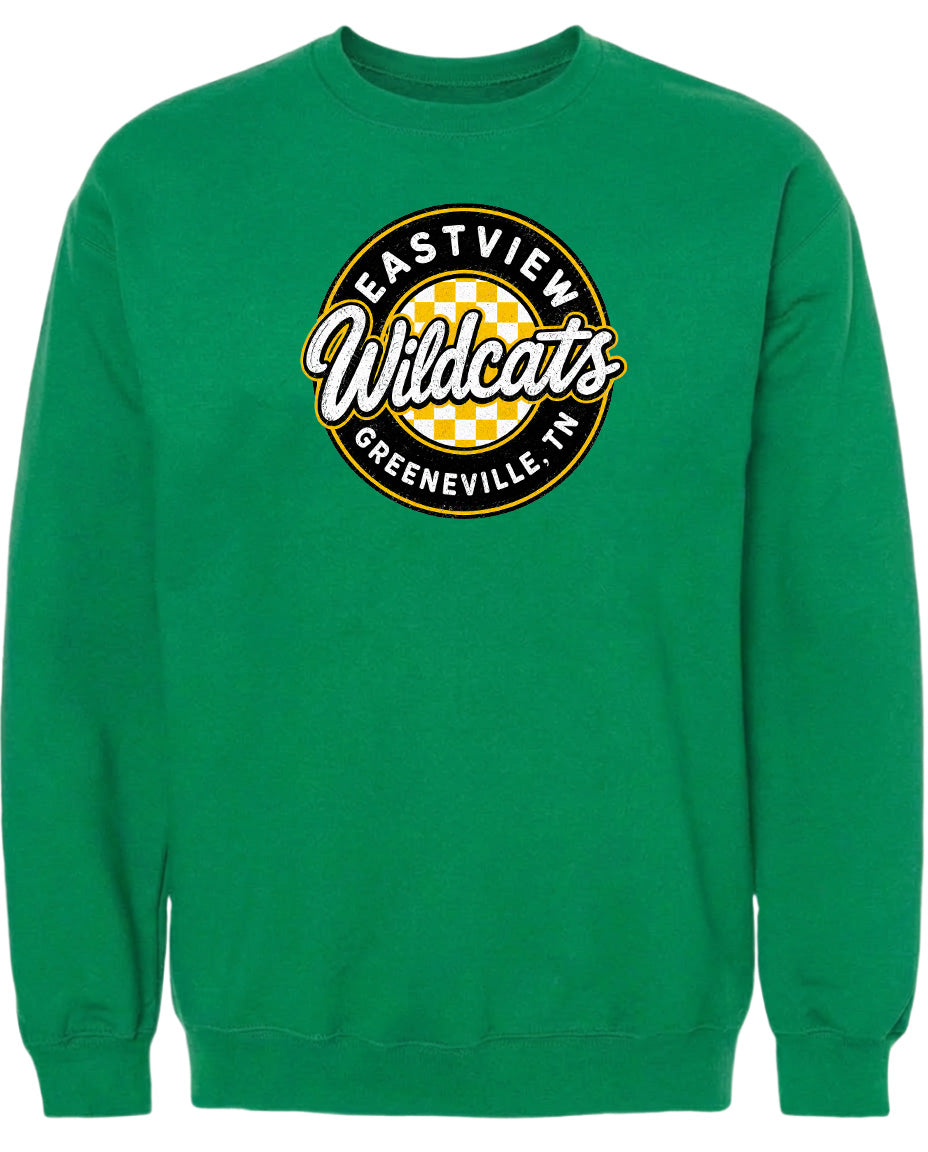 A bright green sweatshirt with a circular logo on the front.