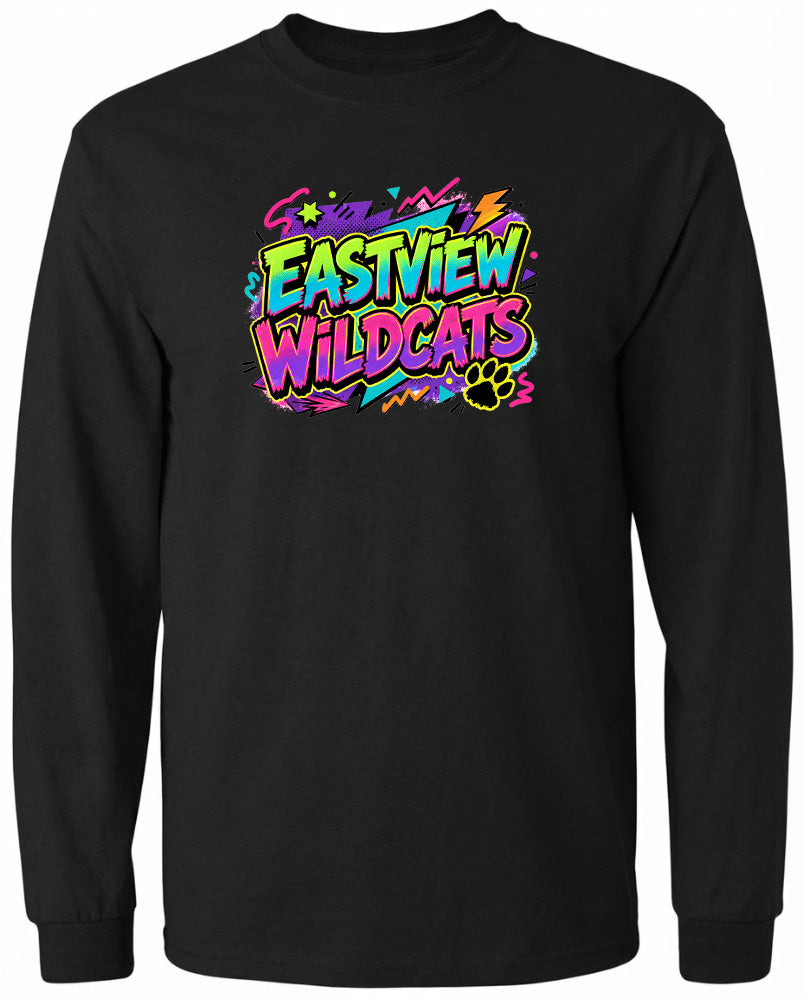 A black long-sleeved shirt with a colorful graphic design featuring the text "EASTVIEW WILDCATS" in a vibrant, graffiti-style font.