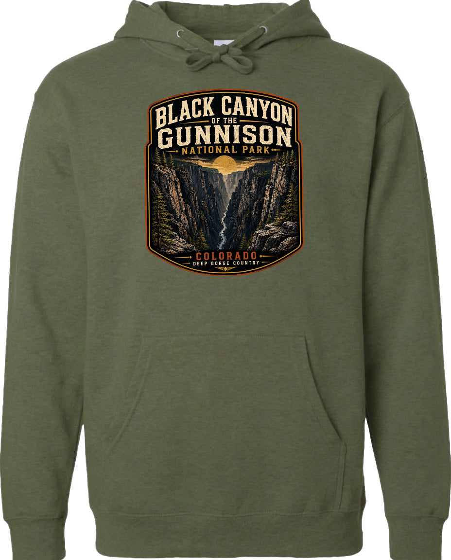 A hoodie with a graphic design depicting the Black Canyon of the Gunnison National Park in Colorado.