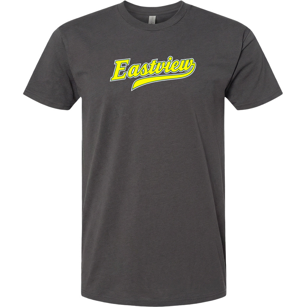 A gray t-shirt with the word "Eastview" printed in yellow on the front.