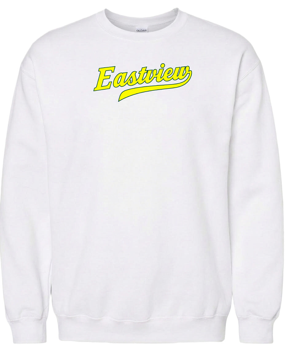 A white sweatshirt with the word "Eastview" printed in yellow on the front.