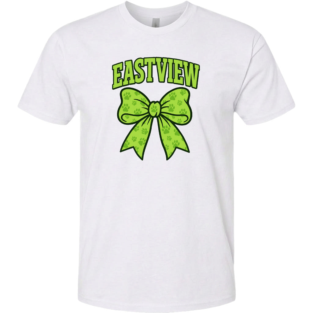 A white t-shirt with a green bow and the text "EASTVIEW" printed on it.