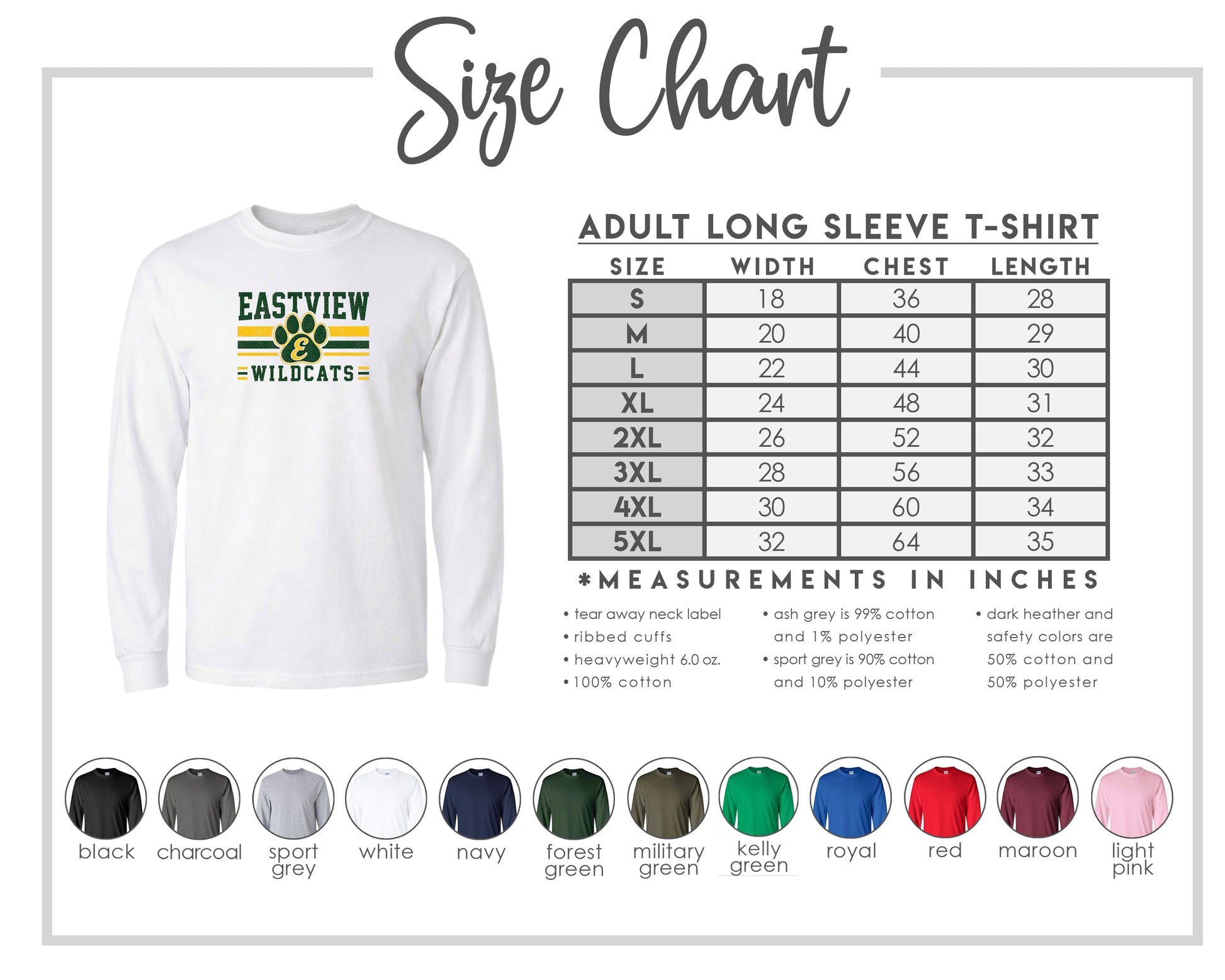 The image is a size chart for an adult long sleeve t-shirt, displaying the measurements and corresponding shirt colors.