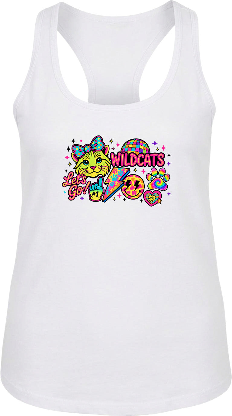 A white tank top with a colorful graphic design featuring a cat, a disco ball, and the text "WILDCATS" along with a peace sign.