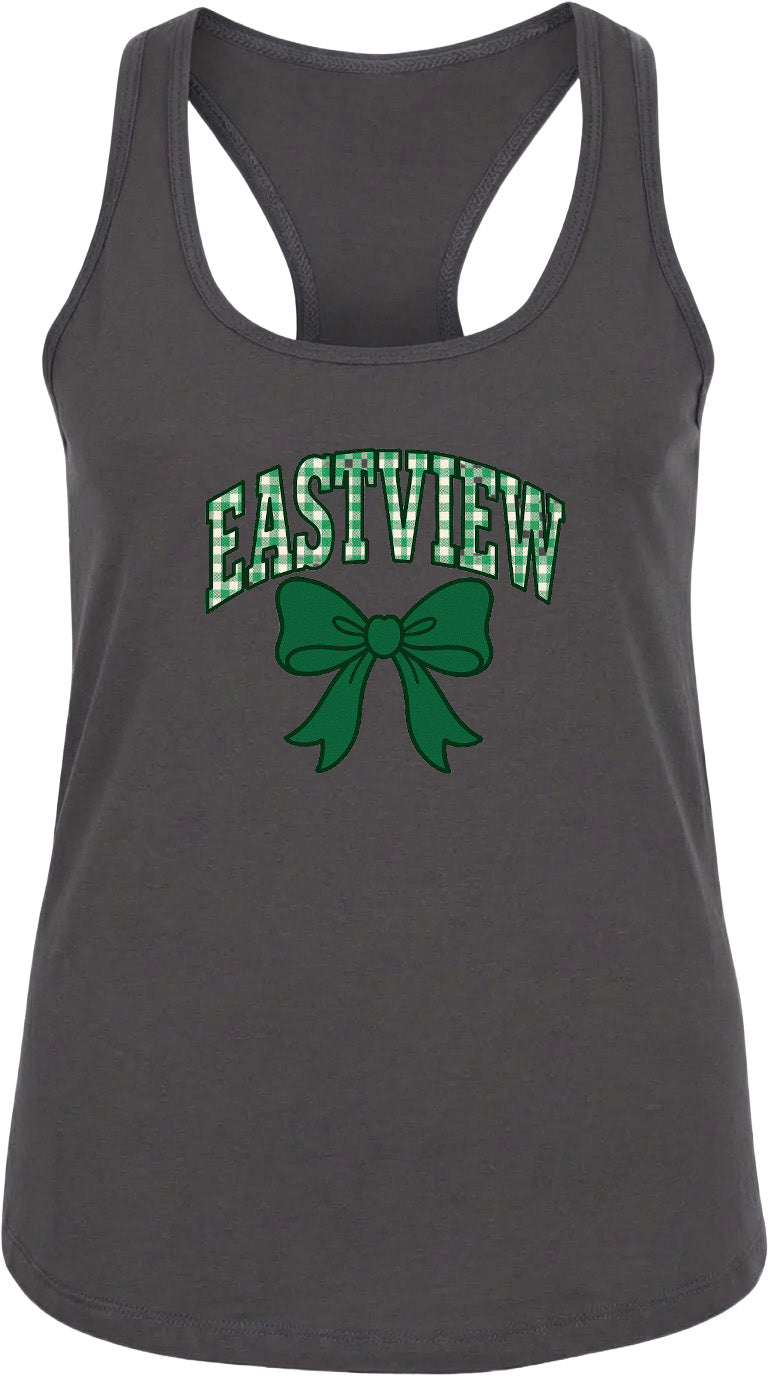 A gray tank top with the text "EASTVIEW" and a green bow graphic printed on it.