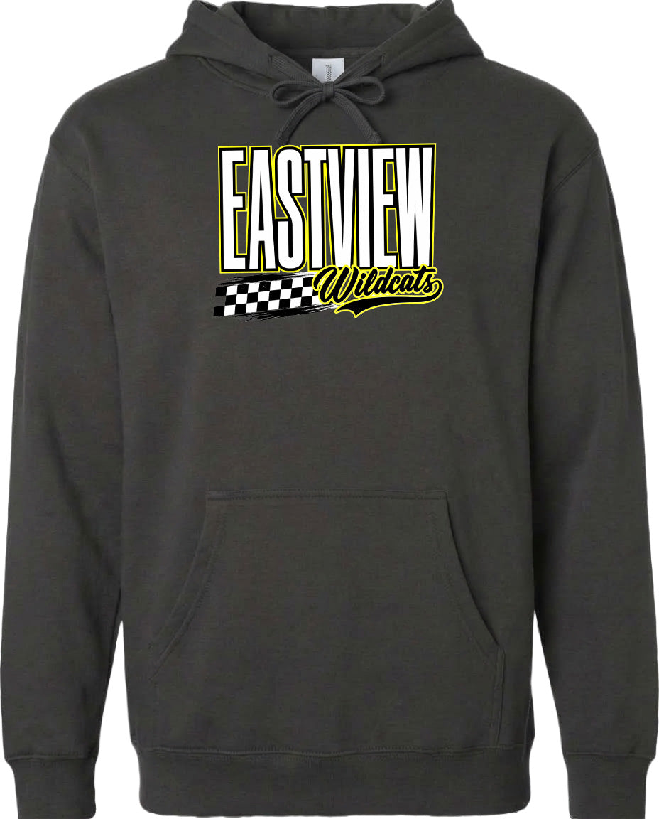 A black hoodie with a yellow and white logo that says "EASTVIEW Wildcats".