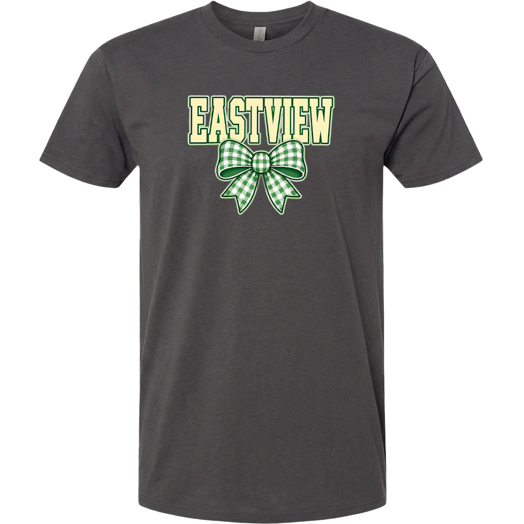 A gray t-shirt with a green and white bow and the word "EASTVIEW" printed on it.