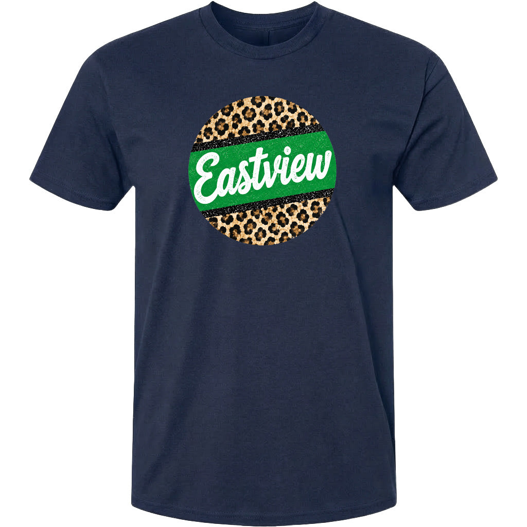 A navy blue t-shirt with a circular graphic design featuring a leopard print pattern and the word "Eastview" written in white cursive text.