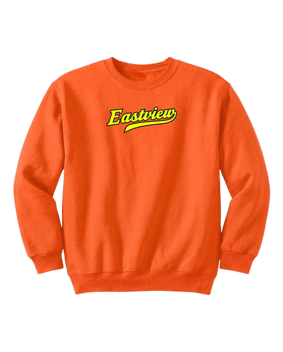 An orange sweatshirt with the word "Eastview" printed on it in yellow.