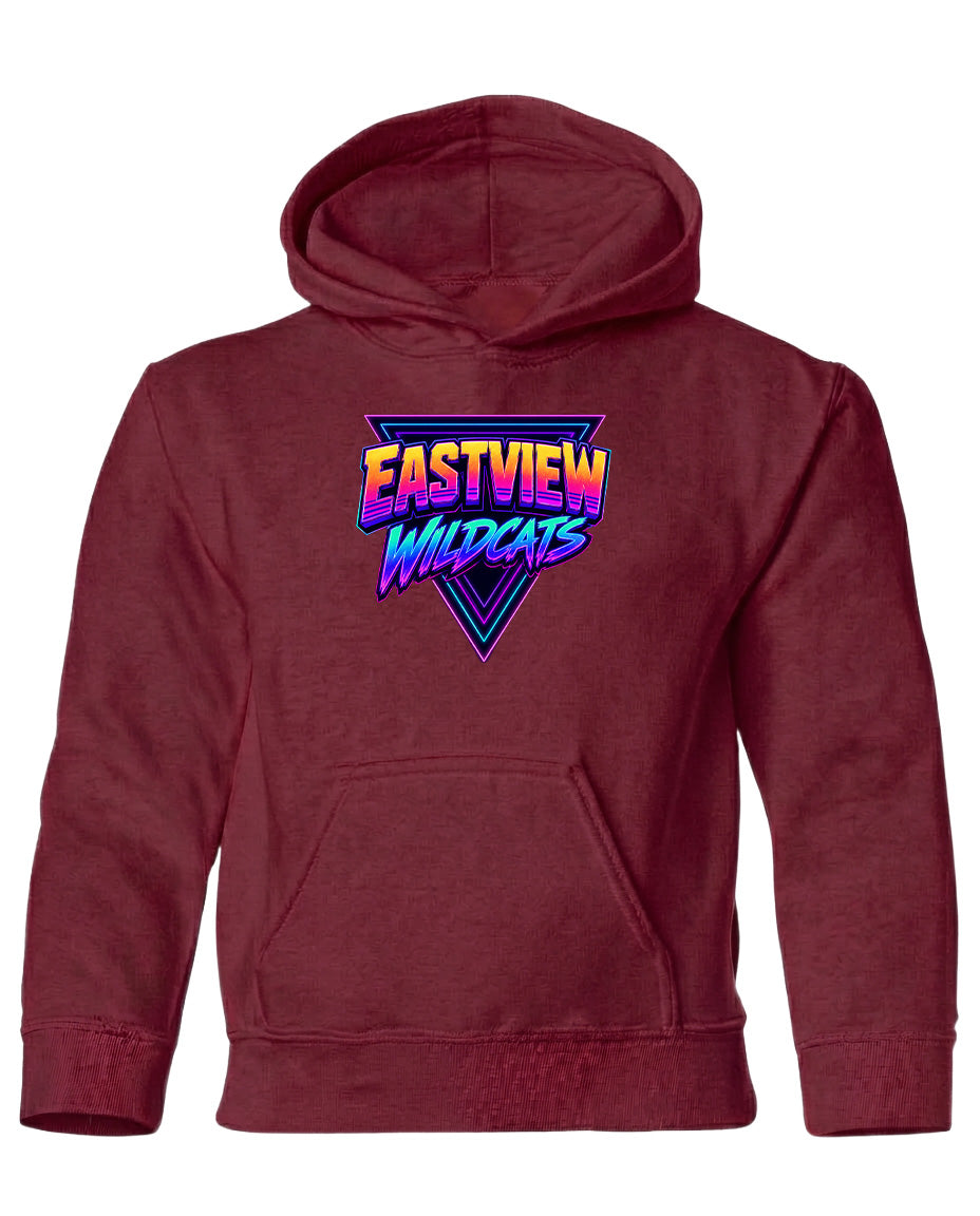 A burgundy-colored hoodie with a graphic design on the front.