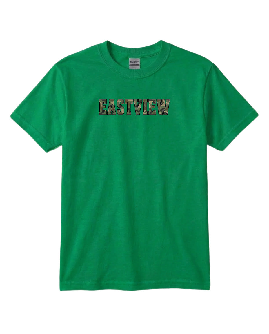 A bright green t-shirt with the word "EASTVIEW" printed on it.