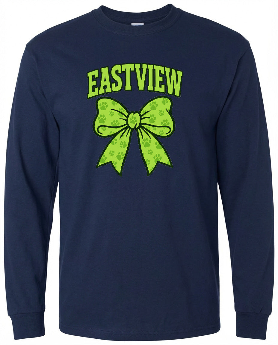 A navy blue long-sleeved shirt with a green bow and paw prints printed on it.