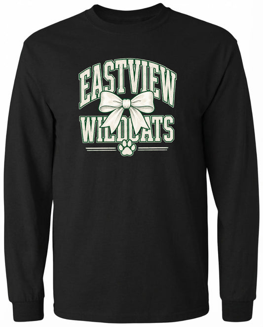 A black long-sleeved shirt with a graphic design featuring the text "EASTVIEW WILDCATS" and a bow.