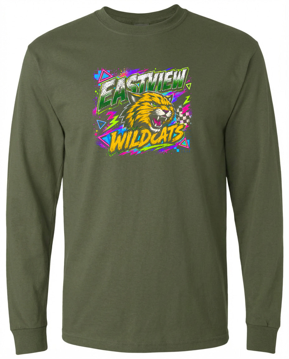 A long-sleeved olive green t-shirt with a graphic design featuring a yellow and orange cat's head and the text "EASTVIEW WILDCATS" in a colorful, retro-style font.