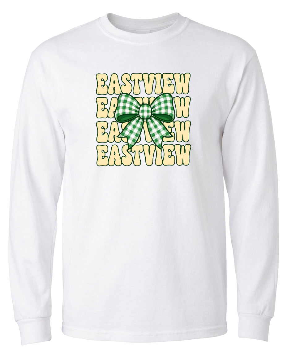 A white long-sleeved t-shirt with a graphic design featuring a green and white checkered bow and the text "EASTVIEW" repeated in a vertical pattern.